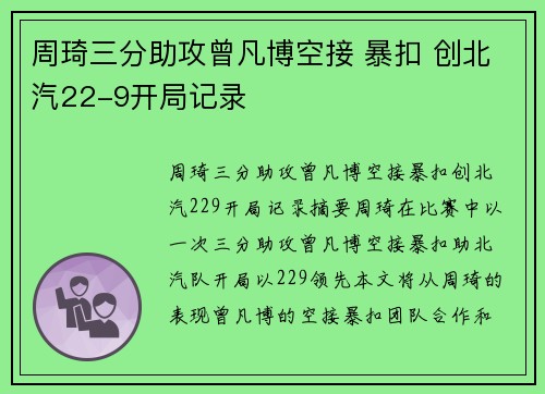 周琦三分助攻曾凡博空接 暴扣 创北汽22-9开局记录